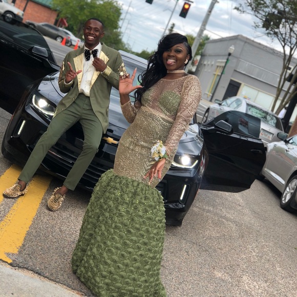 olive green and gold prom dress